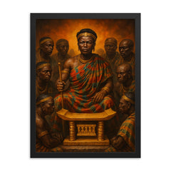 Yaa Asantewaa with golden stool war council framed print on a plain backdrop in size 18"x24".
