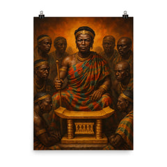 Yaa Asantewaa with golden stool war council poster on a plain backdrop in size 8"x10".