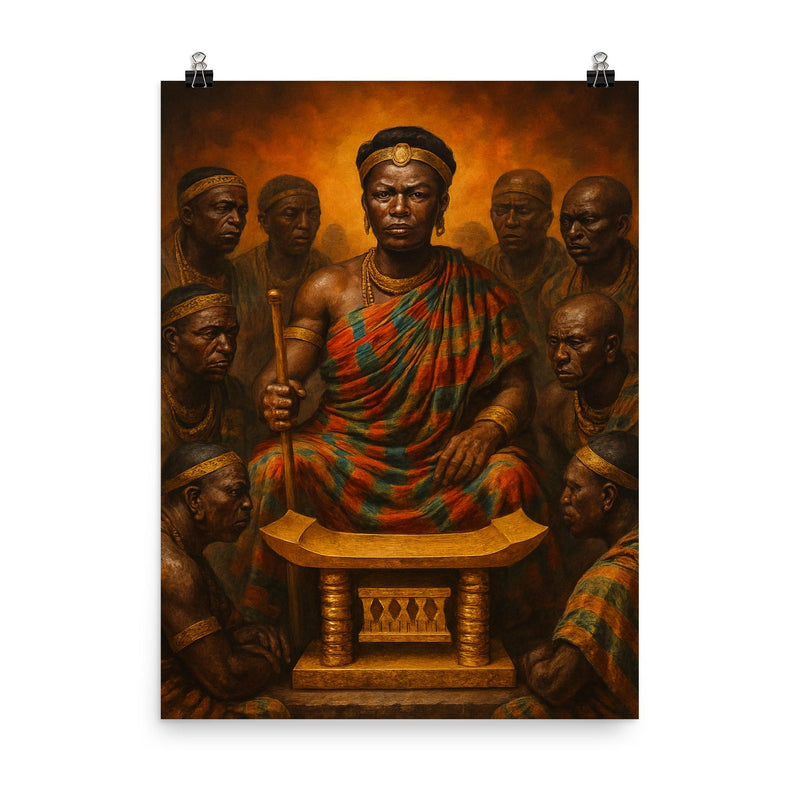 Yaa Asantewaa with golden stool war council poster on a plain backdrop in size 8
