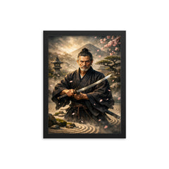 Yagyu Munenori zen garden swordsman portrait framed print on a plain backdrop in size 12"x16".