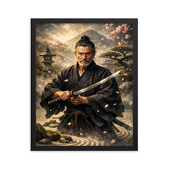 Yagyu Munenori zen garden swordsman portrait framed print on a plain backdrop in size 16"x20".