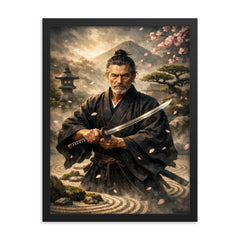 Yagyu Munenori zen garden swordsman portrait framed print on a plain backdrop in size 18"x24".