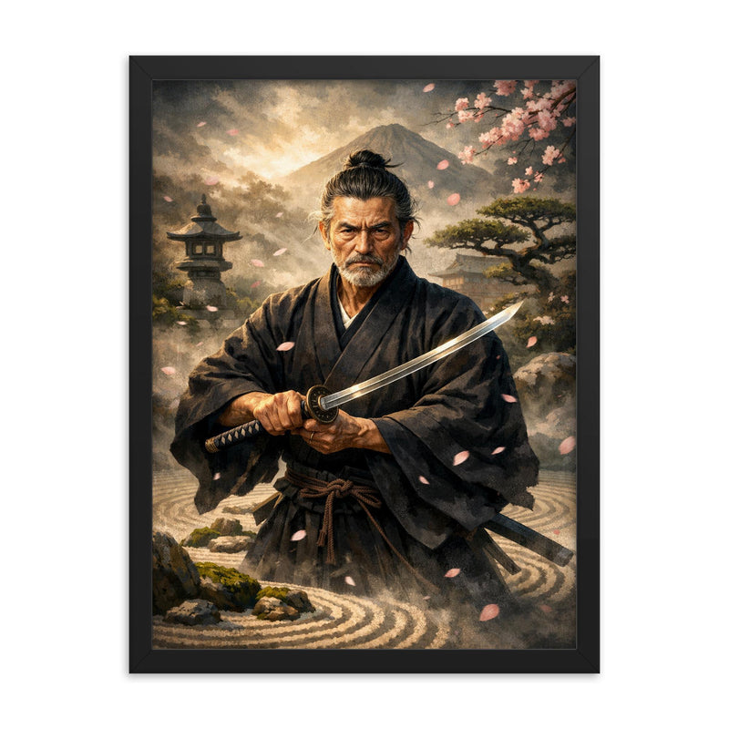 Yagyu Munenori zen garden swordsman portrait framed print on a plain backdrop in size 18