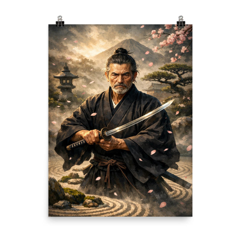 Yagyu Munenori zen garden swordsman portrait poster on a plain backdrop in size 8