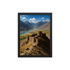 Yamchun Fortress Wakhan Valley Tajikistan framed print on a plain backdrop in size 12"x16".