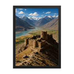 Yamchun Fortress Wakhan Valley Tajikistan framed print on a plain backdrop in size 18"x24".