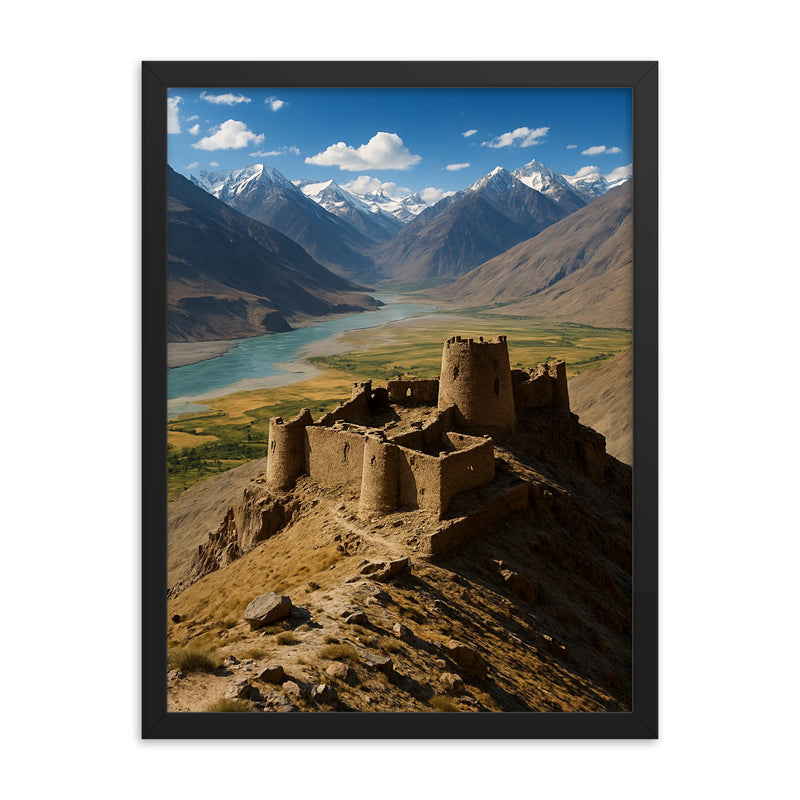 Yamchun Fortress Wakhan Valley Tajikistan framed print on a plain backdrop in size 18