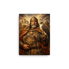 Yaroslav the Wise with falcon and law code canvas print on a plain backdrop in size 12"x16".