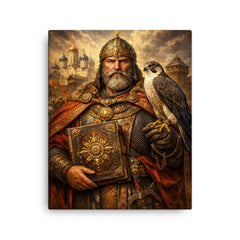 Yaroslav the Wise with falcon and law code canvas print on a plain backdrop in size 16"x20".