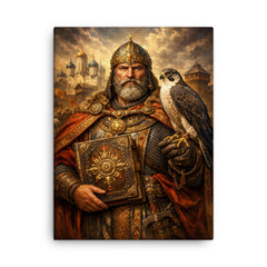Yaroslav the Wise with falcon and law code canvas print on a plain backdrop in size 18"x24".