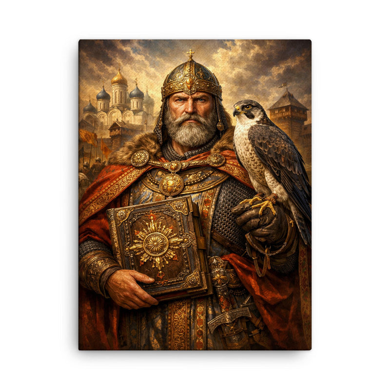 Yaroslav the Wise with falcon and law code canvas print on a plain backdrop in size 18
