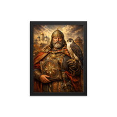 Yaroslav the Wise with falcon and law code framed print on a plain backdrop in size 12"x16".