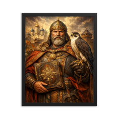 Yaroslav the Wise with falcon and law code framed print on a plain backdrop in size 16"x20".