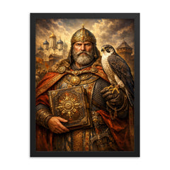 Yaroslav the Wise with falcon and law code framed print on a plain backdrop in size 18"x24".