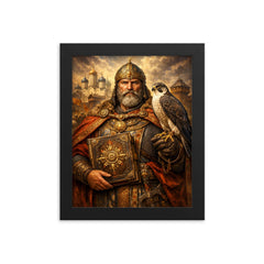 Yaroslav the Wise with falcon and law code framed print on a plain backdrop in size 8"x10".