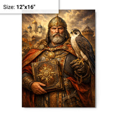 Yaroslav the Wise with falcon and law code metal print on a plain backdrop in size 12"x16".