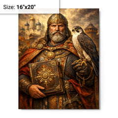 Yaroslav the Wise with falcon and law code metal print on a plain backdrop in size 16"x20".