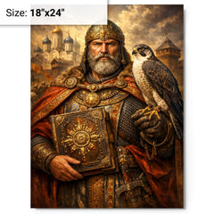 Yaroslav the Wise with falcon and law code metal print on a plain backdrop in size 18"x24".