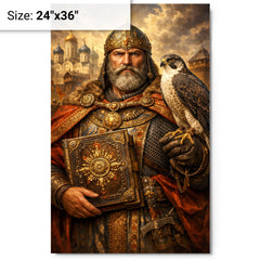 Yaroslav the Wise with falcon and law code metal print on a plain backdrop in size 24"x36".