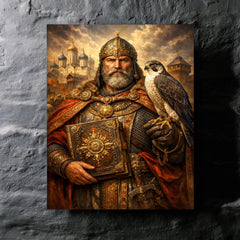 Yaroslav the Wise with falcon and law code metal print mockup