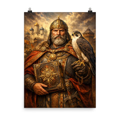 Yaroslav the Wise with falcon and law code poster on a plain backdrop in size 8"x10".