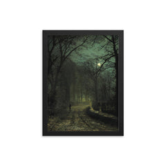 Yorkshire Lane in November by John Atkinson Grimshaw, 1873 framed print on a plain backdrop in size 12"x16".