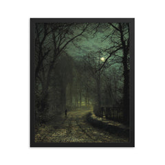 Yorkshire Lane in November by John Atkinson Grimshaw, 1873 framed print on a plain backdrop in size 16"x20".