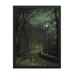 Yorkshire Lane in November by John Atkinson Grimshaw, 1873 framed print on a plain backdrop in size 18"x24".
