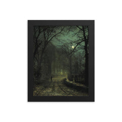 Yorkshire Lane in November by John Atkinson Grimshaw, 1873 framed print on a plain backdrop in size 8"x10".
