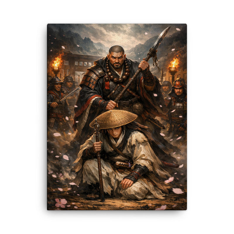 Yoshitsune and Benkei at Ataka barrier canvas print on a plain backdrop in size 18
