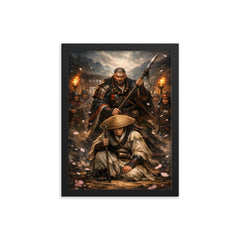 Yoshitsune and Benkei at Ataka barrier framed print on a plain backdrop in size 12"x16".