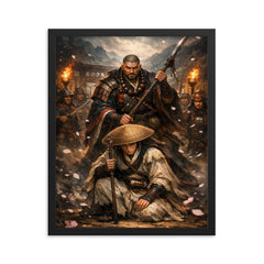 Yoshitsune and Benkei at Ataka barrier framed print on a plain backdrop in size 16"x20".