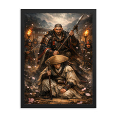 Yoshitsune and Benkei at Ataka barrier framed print on a plain backdrop in size 18"x24".