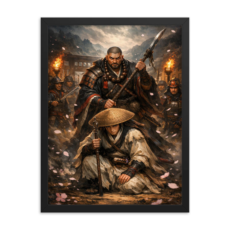 Yoshitsune and Benkei at Ataka barrier framed print on a plain backdrop in size 18