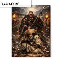 Yoshitsune and Benkei at Ataka barrier metal print on a plain backdrop in size 12"x16".