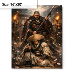 Yoshitsune and Benkei at Ataka barrier metal print on a plain backdrop in size 16"x20".