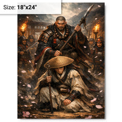 Yoshitsune and Benkei at Ataka barrier metal print on a plain backdrop in size 18"x24".