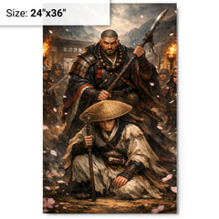Yoshitsune and Benkei at Ataka barrier metal print on a plain backdrop in size 24"x36".