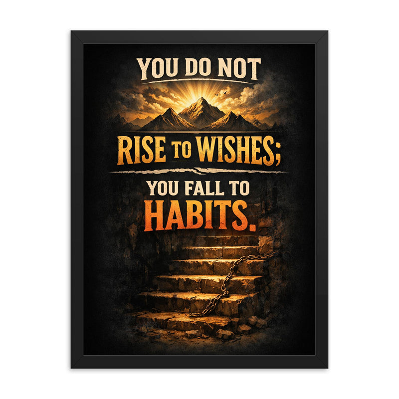 You do not rise to wishes you fall to habits framed print on a plain backdrop in size 18