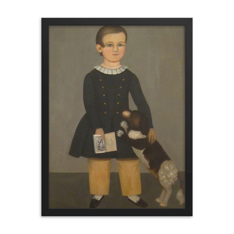 Young Boy with Dog by Samuel Miller framed print on a plain backdrop in size 18