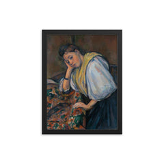 Young Italian Woman at a Table by Paul Cezanne framed print on a plain backdrop in size 12"x16".