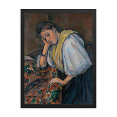 Young Italian Woman at a Table by Paul Cezanne framed print on a plain backdrop in size 18"x24".