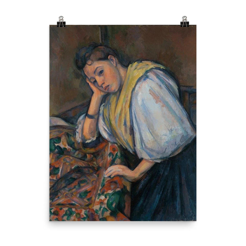 Young Italian Woman at a Table by Paul Cezanne poster on a plain backdrop in size 8
