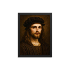 Young Leonardo da Vinci portrait framed print on a plain backdrop in size 12"x16".