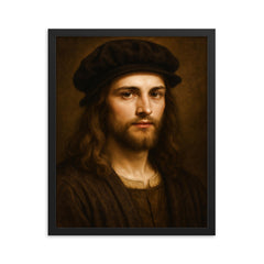 Young Leonardo da Vinci portrait framed print on a plain backdrop in size 16"x20".