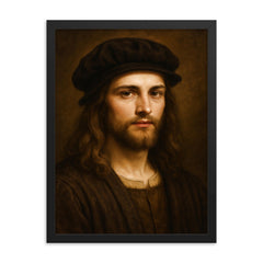 Young Leonardo da Vinci portrait framed print on a plain backdrop in size 18"x24".