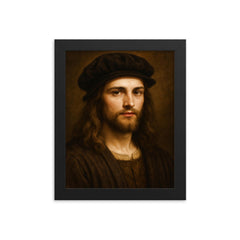 Young Leonardo da Vinci portrait framed print on a plain backdrop in size 8"x10".