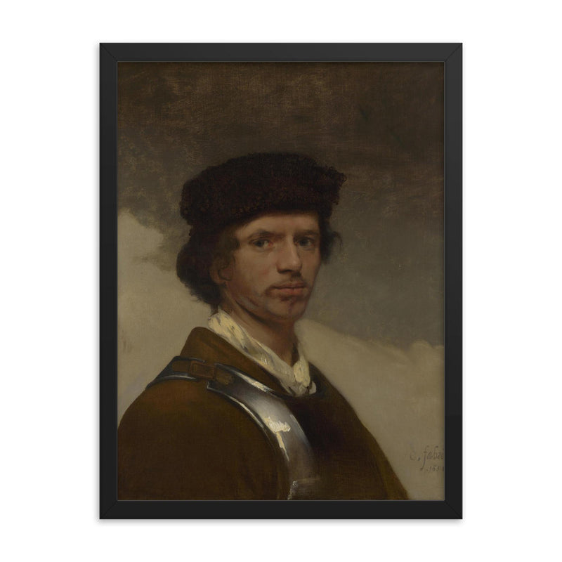 Young Man in a Fur Cap by Carel Fabritius framed print on a plain backdrop in size 18
