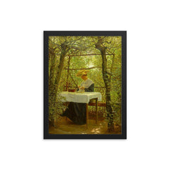 Young Woman Embroidering in the Garden by Karl Harald Alfred Broge framed print on a plain backdrop in size 12"x16".