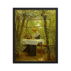 Young Woman Embroidering in the Garden by Karl Harald Alfred Broge framed print on a plain backdrop in size 16"x20".